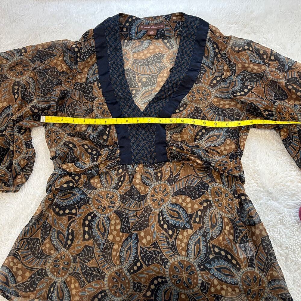 VTG Bandolino Womens Y2K Sz 14 Peasant Top Brown Blue Paisley Floral V NeckSheer - Picture 3 of 6